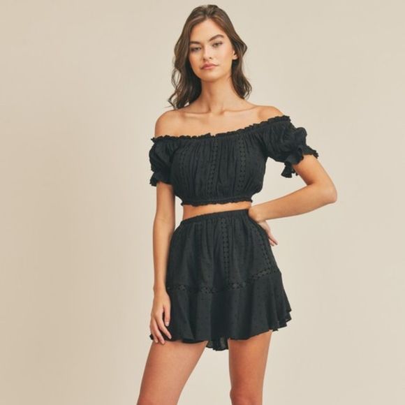 Black Lace Eyelet Crop Top & Skirt Set - Picture 1 of 6